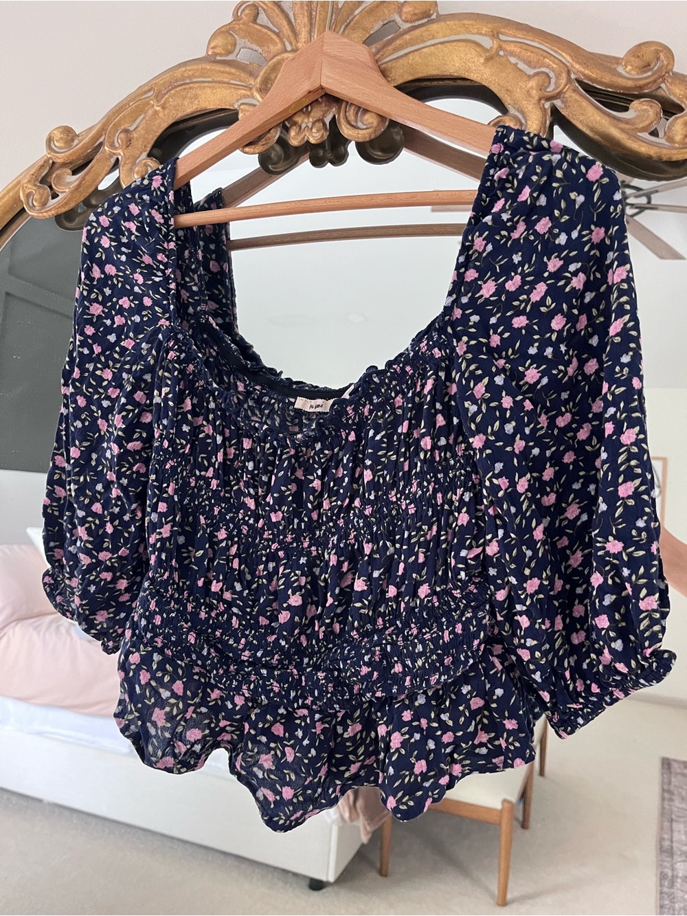 Miami Navy Floral Smocked Peasant Blouse with Pink Accents